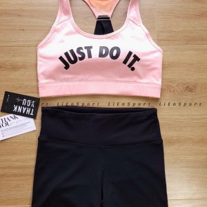 Set 2 món Nike Áo bra thể thao + Quần short training Nữ Size S XS Hồng pastel + Đen Auth 2nd Lưng chữ X Cạp cao ôm Vải co giãn thoáng khí Thấm hút mồ hôi Slogan Just Do It Mã:1L77