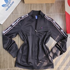 Champion Áo khoác thể thao zip Nữ Size M Đen Auth 2nd Polyester co giãn Sọc logo tay Cổ đứng cao Túi hông 2 bên Form suông vừa vặn Phù hợp tập gym dạo phố Mã:1S62