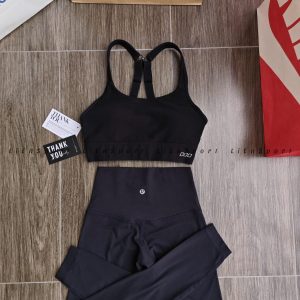Set 2 món Lululemon OOO Áo bra + Quần legging tập gym yoga Nữ Size M Đen Auth 2nd Co giãn 4 chiều Thấm hút mồ hôi Cạp cao ôm dáng Đệm ngực Dây lưng chữ X Mã:1S89