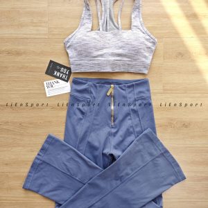 Mã: 1T12 Set 2 món Áo bra + Quần dài ống suông tập gym Nữ Size M-L-XL Xanh dương trầm Auth 2nd Lưng chữ X Vải co giãn thấm hút mồ hôi Quần lưng cao bảng rộng Khóa kéo vàng Phù hợp gym yoga chạy bộ