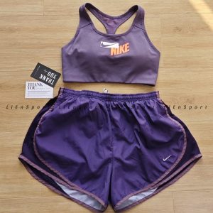 Mã: 1T13 Set 2 món Nike Áo bra + Quần short thể thao Nữ Size M-L-XL Tím cam trắng Auth 2nd Vải poly nhẹ thoáng khí nhanh khô Lưng chữ X thời thượng Phù hợp tập gym yoga chạy bộ