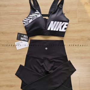 Mã: 1T16 Set 2 món Nike Áo bra thể thao + Quần legging dài Nữ Size M-L-XL Đen Auth 2nd Chất liệu co giãn mềm mại Cạp cao ôm eo Logo in lớn Phù hợp tập gym yoga chạy bộ