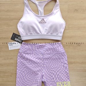 Mã: 1T17 Set 2 món Adidas Áo bra + Quần short tập gym Nữ Size M-L-XL Tím pastel caro Auth 2nd Chất liệu co giãn thoáng khí Áo bra lưng chữ X Quần cạp cao Logo ép nhiệt Phù hợp gym yoga chạy bộ