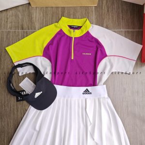 Mã: 1T45 Áo thể thao ngắn tay Nữ Size M Tím xanh neon trắng Auth 2nd Cổ trụ viền Khóa kéo nửa ngực Vải co giãn thoáng khí Dáng suông trẻ trung Phù hợp gym yoga chạy bộ casual