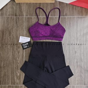 Mã: 1U04 Set 2 món Áo bra thể thao + Quần legging cạp cao Nữ Size M-L-XL Tím + Đen Auth 2nd Co giãn tốt Thoáng khí Thấm hút mồ hôi Lưng đan chéo Gọng mút nâng ngực Form ôm sát Phù hợp tập gym yoga chạy bộ